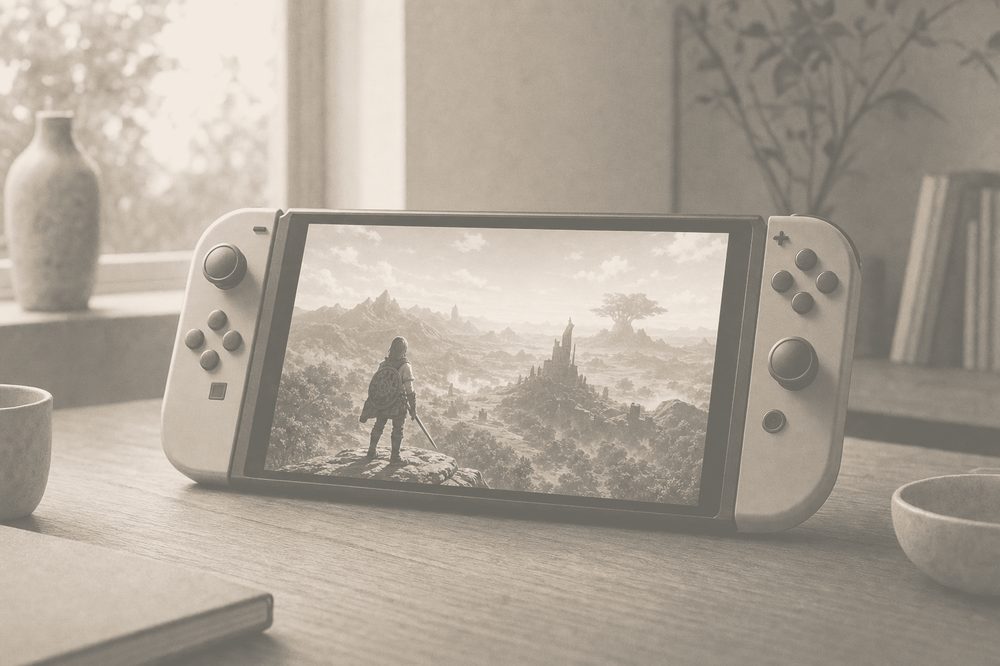 Duotone photograph of a playful arcade light pattern for Nintendo